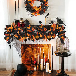 KissICON 1Pc Halloween Garland Decorations Black Fall Leaves Vine with 3D Pumpkin Thanksgiving Harvest Festival Home Fireplace Mantle Decor
