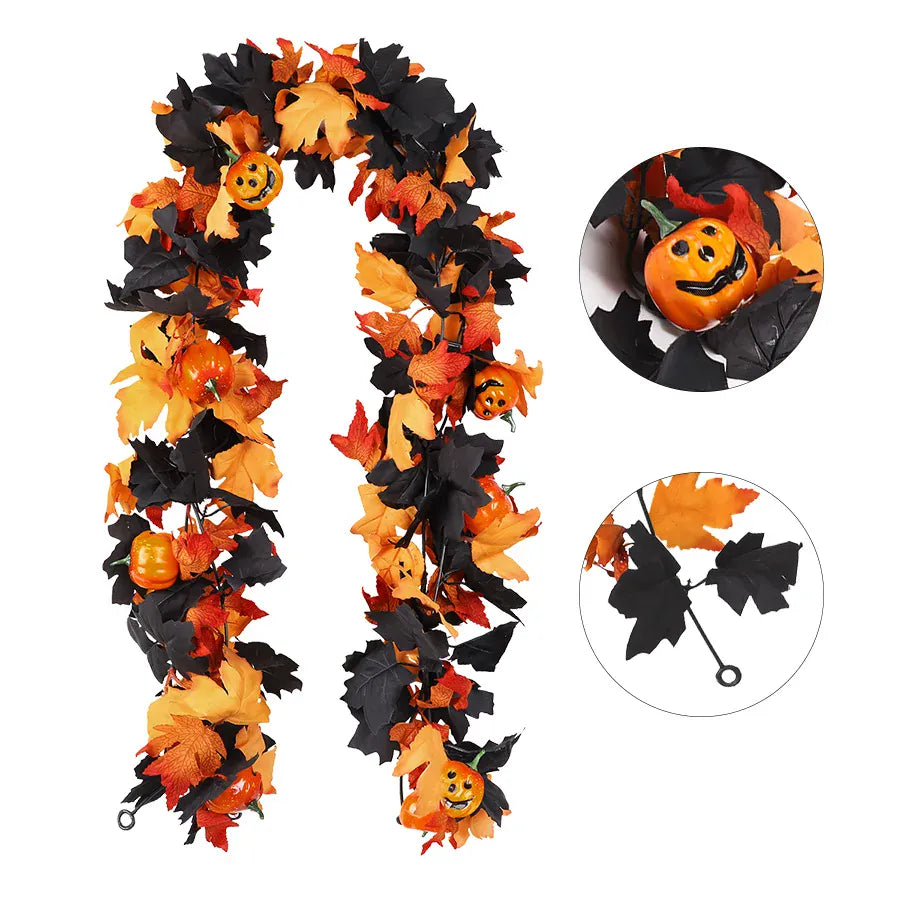 KissICON 1Pc Halloween Garland Decorations Black Fall Leaves Vine with 3D Pumpkin Thanksgiving Harvest Festival Home Fireplace Mantle Decor