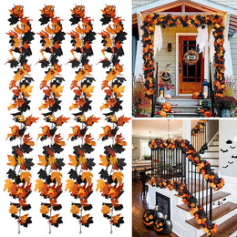 KissICON 1Pc Halloween Garland Decorations Black Fall Leaves Vine with 3D Pumpkin Thanksgiving Harvest Festival Home Fireplace Mantle Decor