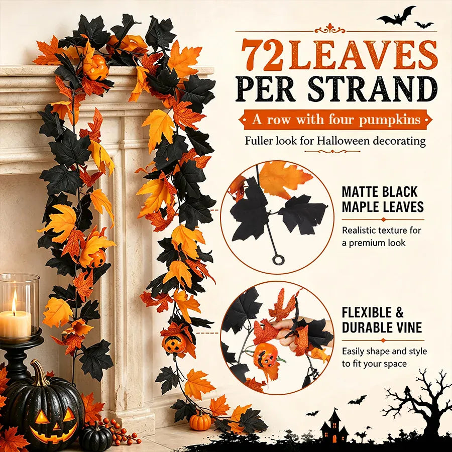 KissICON 1Pc Halloween Garland Decorations Black Fall Leaves Vine with 3D Pumpkin Thanksgiving Harvest Festival Home Fireplace Mantle Decor