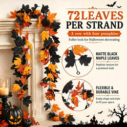 KissICON 1Pc Halloween Garland Decorations Black Fall Leaves Vine with 3D Pumpkin Thanksgiving Harvest Festival Home Fireplace Mantle Decor