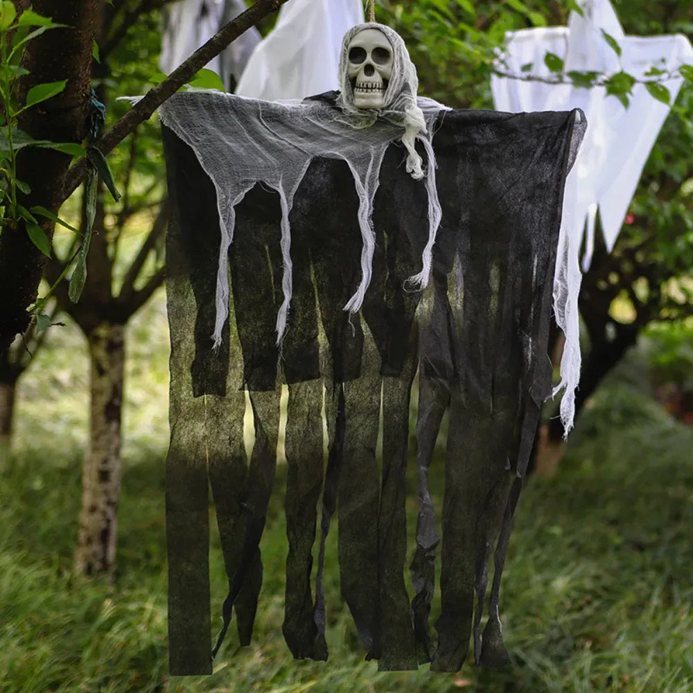 KissICON 1PC Skeleton Halloween Skeleton Hanging Decoration Ghosts Skull Gauze Fabric Halloween Decor Outdoor Haunted House Yard Scary Party Supplies