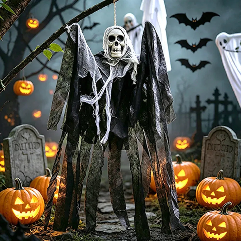 KissICON 1PC Skeleton Halloween Skeleton Hanging Decoration Ghosts Skull Gauze Fabric Halloween Decor Outdoor Haunted House Yard Scary Party Supplies