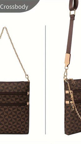 jkthpu-45 1pc Vintage Style Crossbody Bag, Small Square Synthetic Shoulder Bag with Multiple Pockets, Cambridge Messenger Bag, Zipper Closure, Polyester Lining, Deep Brown, Crossbody Purse, Everyday Handbag, Classic Checkered Pattern, Goldtone Hardware