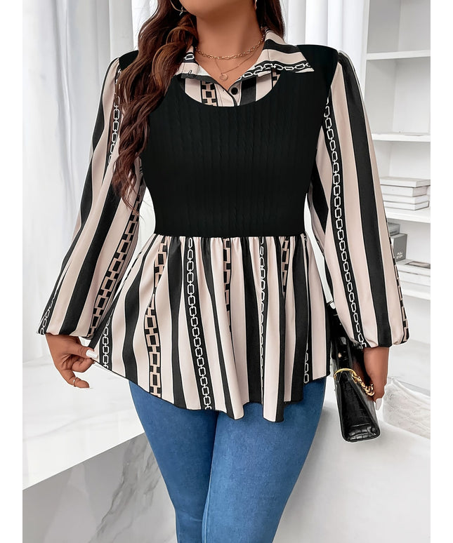 KissICON 2 In 1 Plus Size Striped Top, Casual Long Sleeve Polo Collar, Women's Clothing