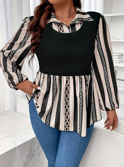 KissICON 2 In 1 Plus Size Striped Top, Casual Long Sleeve Polo Collar, Women's Clothing