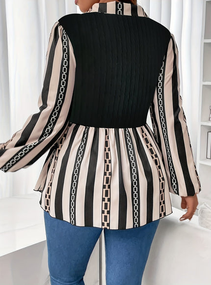 KissICON 2 In 1 Plus Size Striped Top, Casual Long Sleeve Polo Collar, Women's Clothing