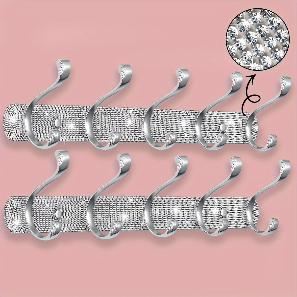 jkthpu-45 2 Pcs 5 Hooks Wall-Mounted Hanger - Shiny Silvery Rhinestone - 5 Hooks Wall-Mounted - Key Hook Wall Decoration - Suitable for Hanging Hats, Towels, Wallets, Bathrobes