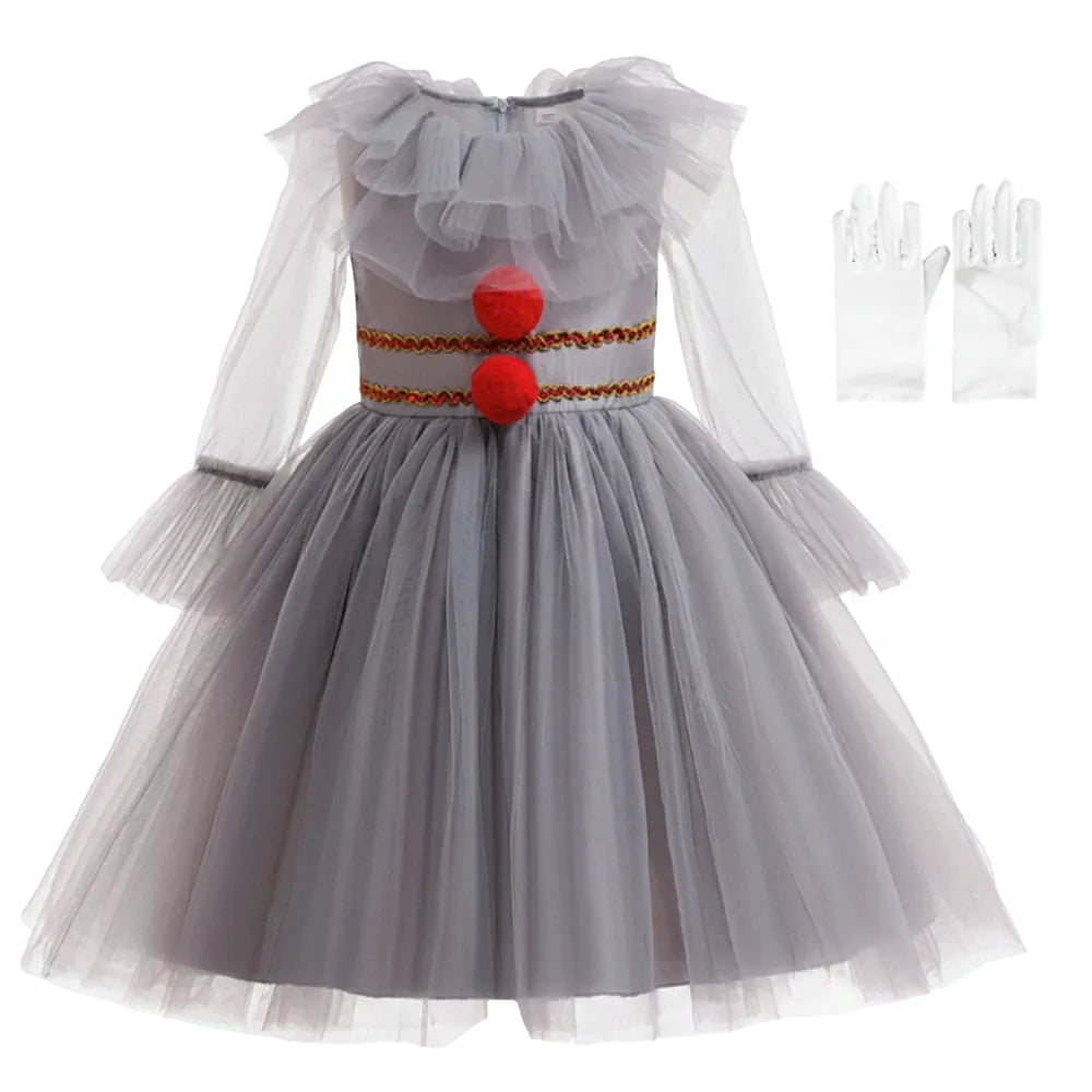 KissICON 2 PCS G / 2-3T(S) Halloween Costume Girls Gray Tutu Scary Vestidos Joker Dress Kids Cosplay Clown Costume Carnival Party Dress Up