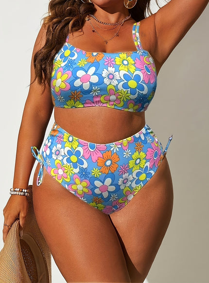 KissICON 2 Piece Curve Floral Print Waist Drawstring Bikini