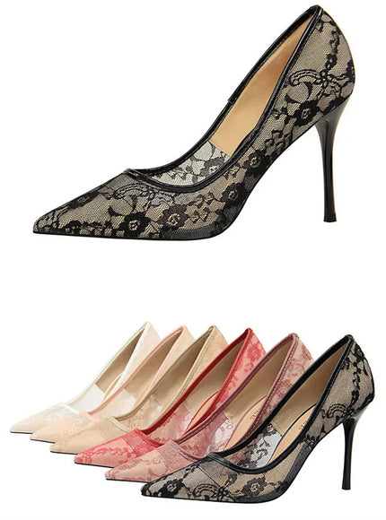 KissICON 2024 Black Flower Lace Mesh Pumps Women Pointed