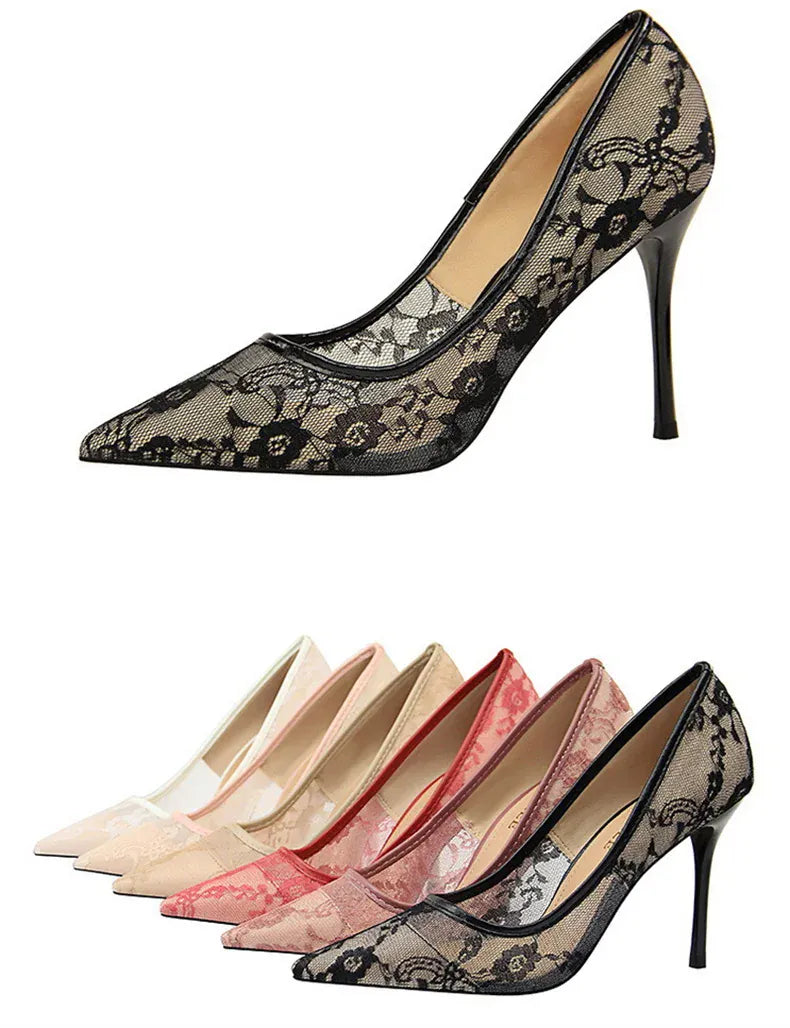 KissICON 2024 Black Flower Lace Mesh Pumps Women Pointed