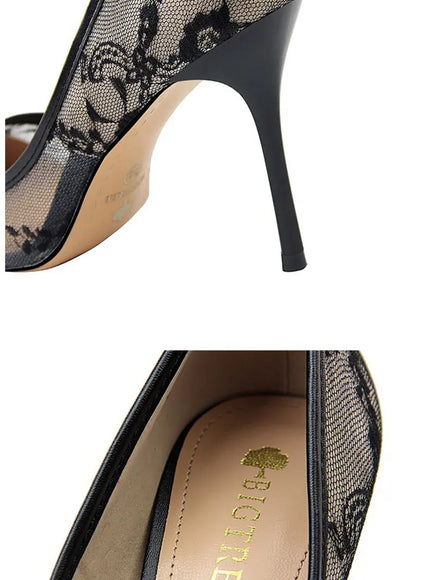 KissICON 2024 Black Flower Lace Mesh Pumps Women Pointed