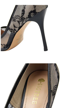 KissICON 2024 Black Flower Lace Mesh Pumps Women Pointed