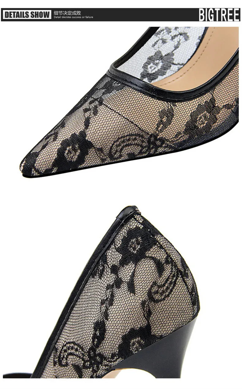 KissICON 2024 Black Flower Lace Mesh Pumps Women Pointed