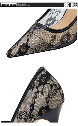 KissICON 2024 Black Flower Lace Mesh Pumps Women Pointed