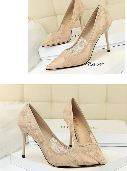 KissICON 2024 Black Flower Lace Mesh Pumps Women Pointed