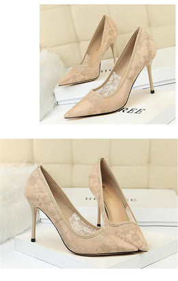 KissICON 2024 Black Flower Lace Mesh Pumps Women Pointed