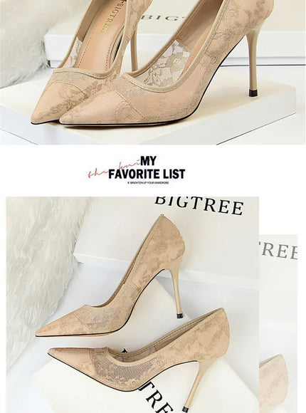 KissICON 2024 Black Flower Lace Mesh Pumps Women Pointed