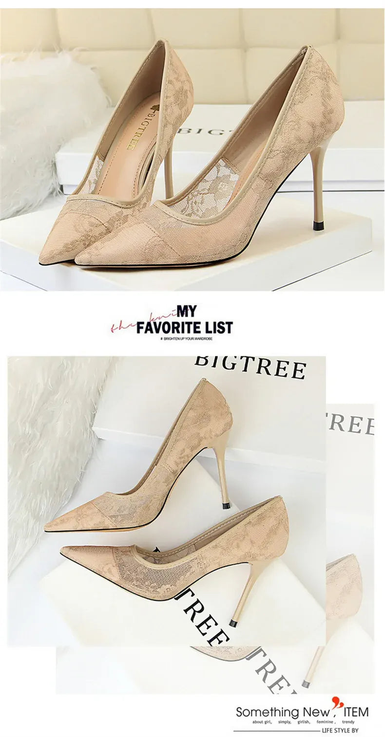 KissICON 2024 Black Flower Lace Mesh Pumps Women Pointed
