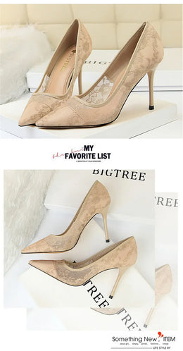 KissICON 2024 Black Flower Lace Mesh Pumps Women Pointed
