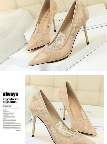 KissICON 2024 Black Flower Lace Mesh Pumps Women Pointed