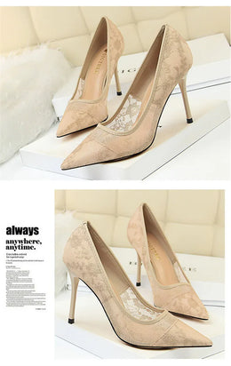 KissICON 2024 Black Flower Lace Mesh Pumps Women Pointed