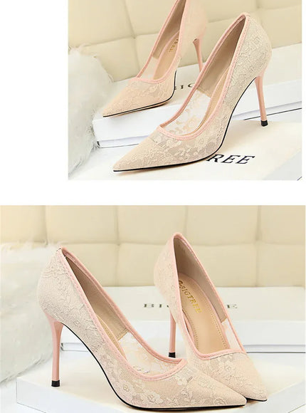 KissICON 2024 Black Flower Lace Mesh Pumps Women Pointed