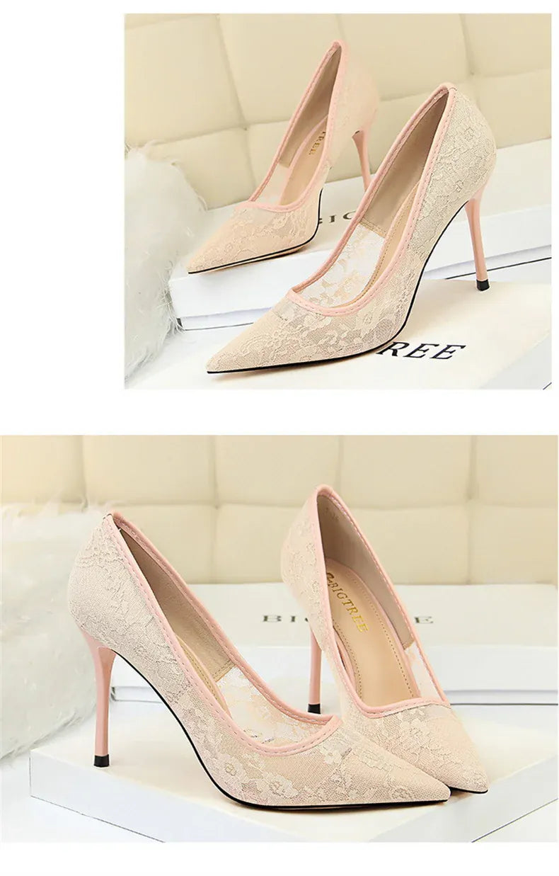 KissICON 2024 Black Flower Lace Mesh Pumps Women Pointed