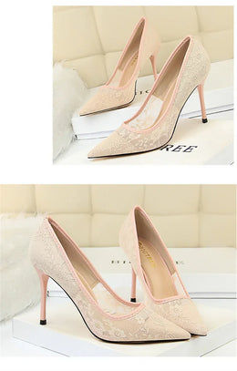 KissICON 2024 Black Flower Lace Mesh Pumps Women Pointed