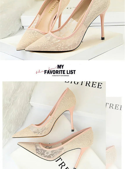 KissICON 2024 Black Flower Lace Mesh Pumps Women Pointed
