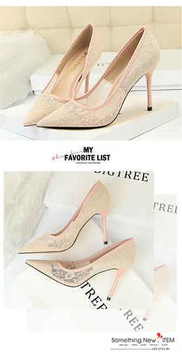 KissICON 2024 Black Flower Lace Mesh Pumps Women Pointed