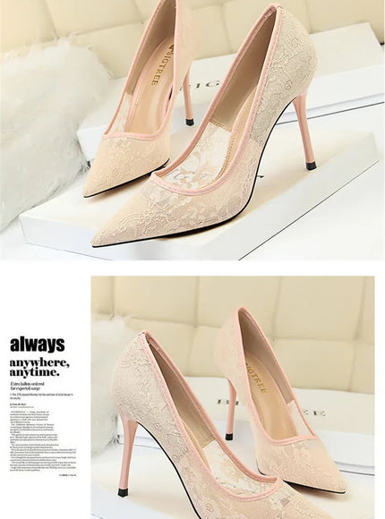 KissICON 2024 Black Flower Lace Mesh Pumps Women Pointed