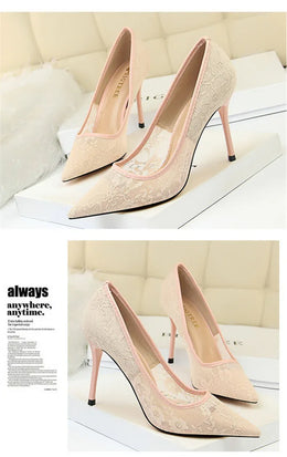 KissICON 2024 Black Flower Lace Mesh Pumps Women Pointed