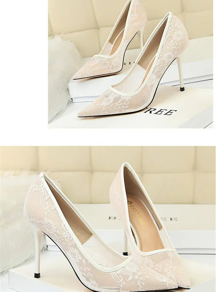 KissICON 2024 Black Flower Lace Mesh Pumps Women Pointed