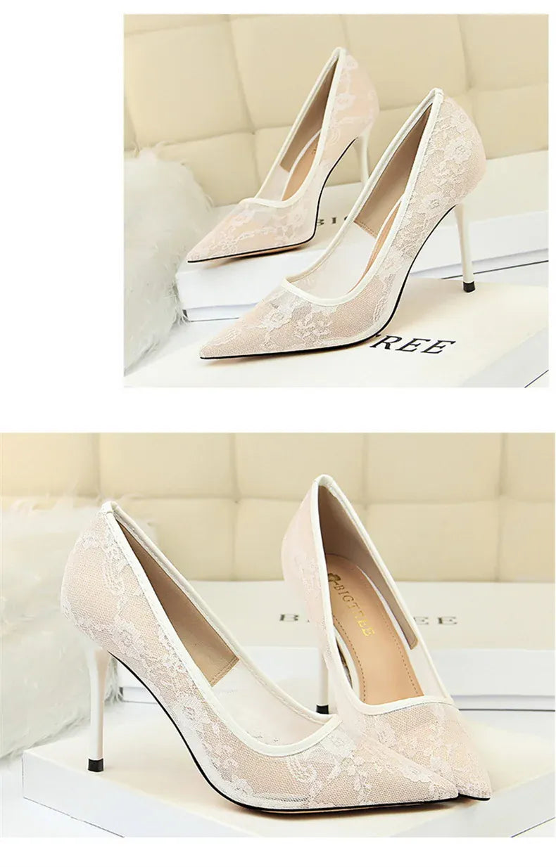 KissICON 2024 Black Flower Lace Mesh Pumps Women Pointed