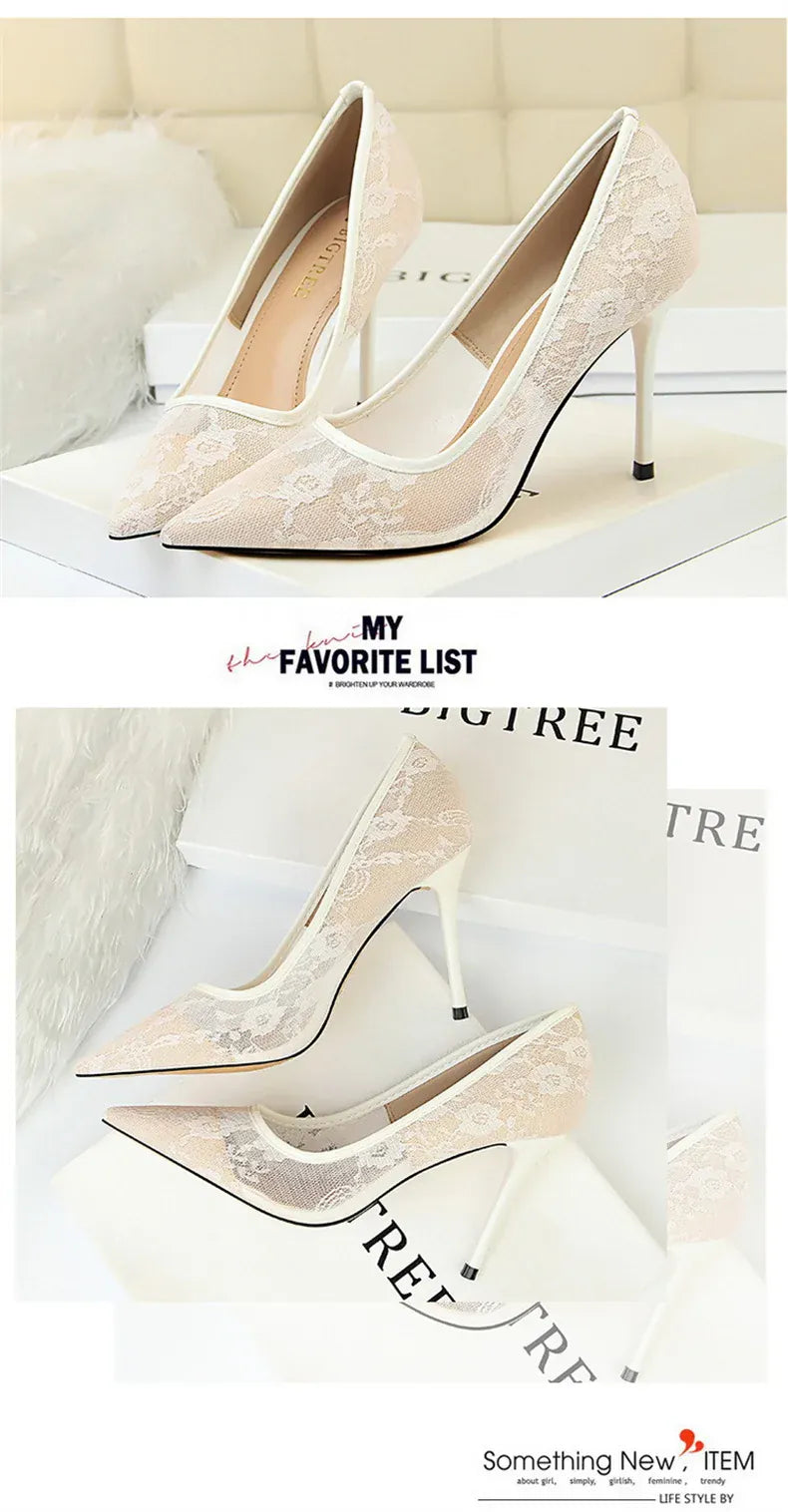 KissICON 2024 Black Flower Lace Mesh Pumps Women Pointed