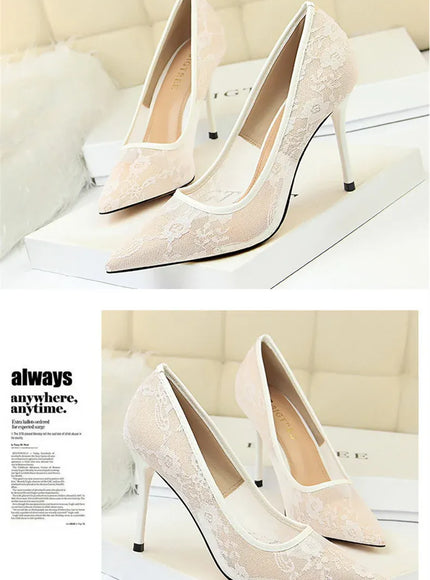 KissICON 2024 Black Flower Lace Mesh Pumps Women Pointed