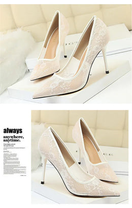 KissICON 2024 Black Flower Lace Mesh Pumps Women Pointed