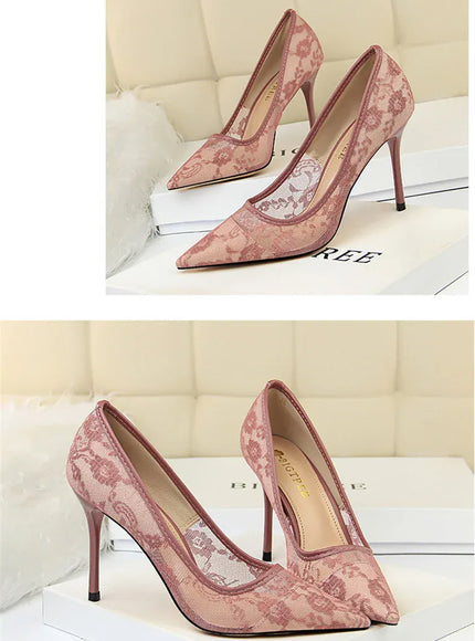 KissICON 2024 Black Flower Lace Mesh Pumps Women Pointed
