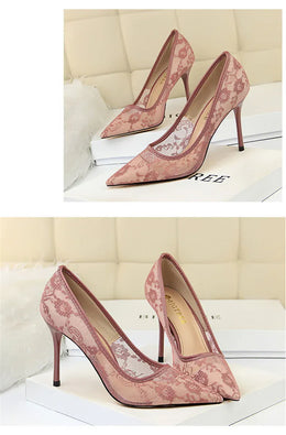 KissICON 2024 Black Flower Lace Mesh Pumps Women Pointed