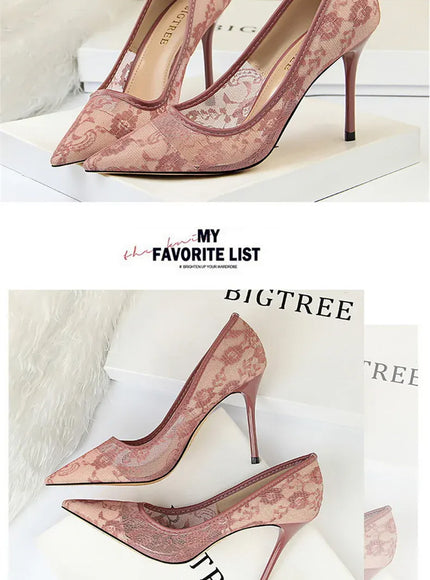 KissICON 2024 Black Flower Lace Mesh Pumps Women Pointed