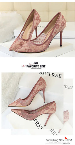 KissICON 2024 Black Flower Lace Mesh Pumps Women Pointed