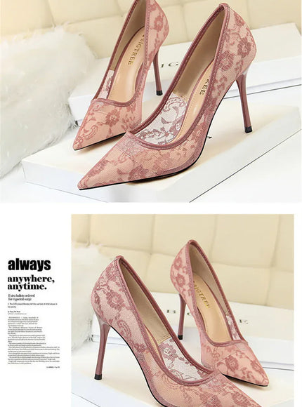KissICON 2024 Black Flower Lace Mesh Pumps Women Pointed