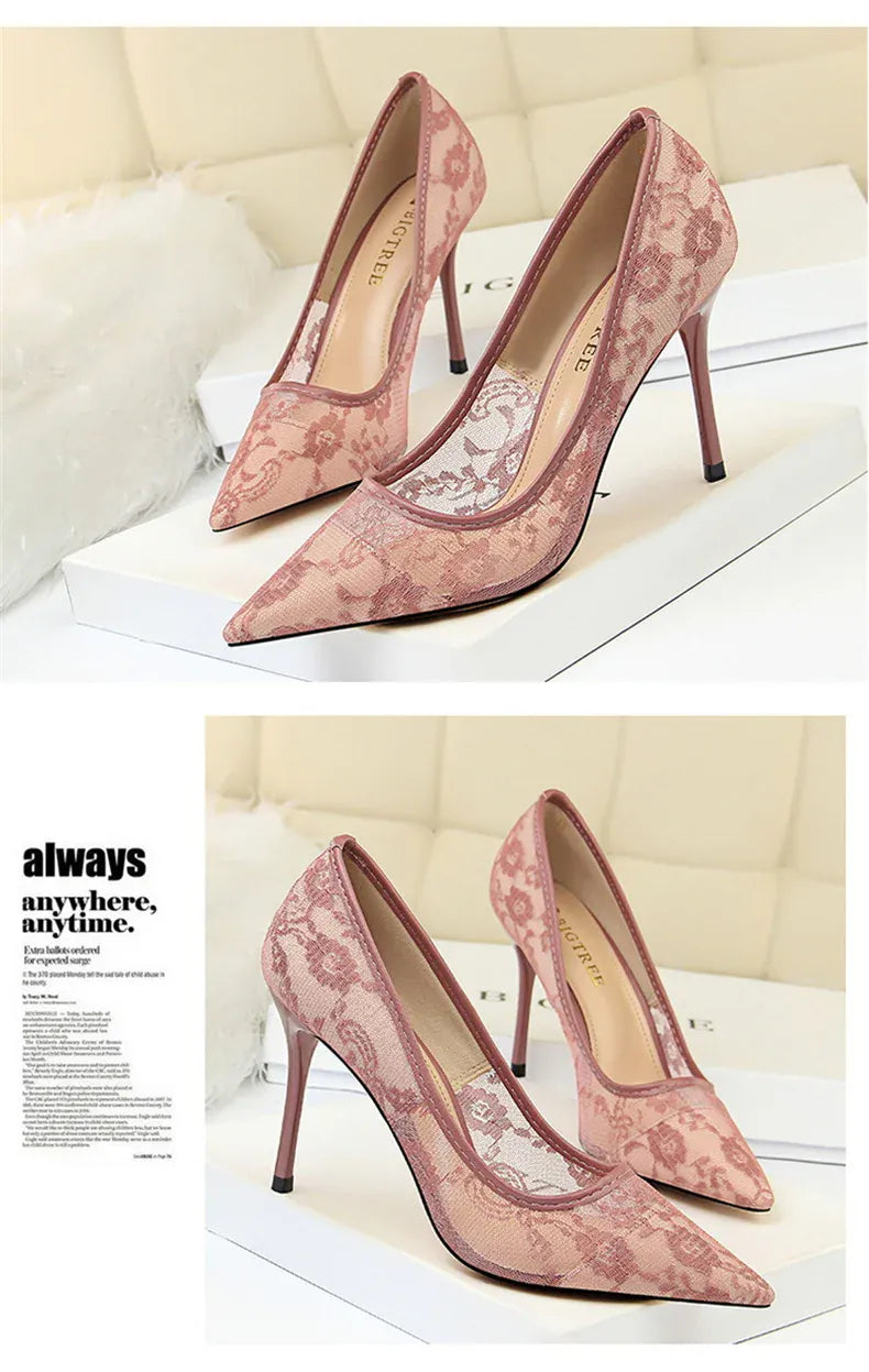 KissICON 2024 Black Flower Lace Mesh Pumps Women Pointed
