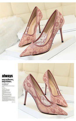 KissICON 2024 Black Flower Lace Mesh Pumps Women Pointed
