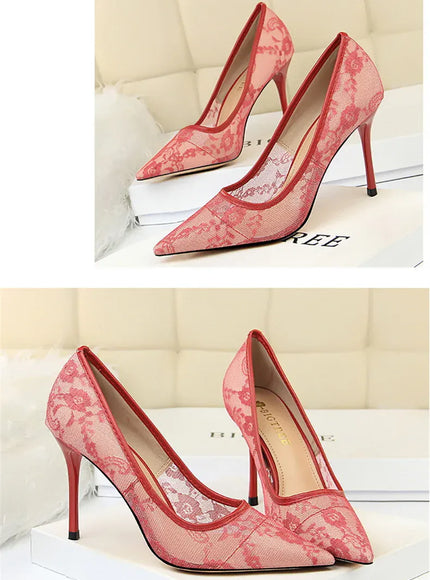 KissICON 2024 Black Flower Lace Mesh Pumps Women Pointed