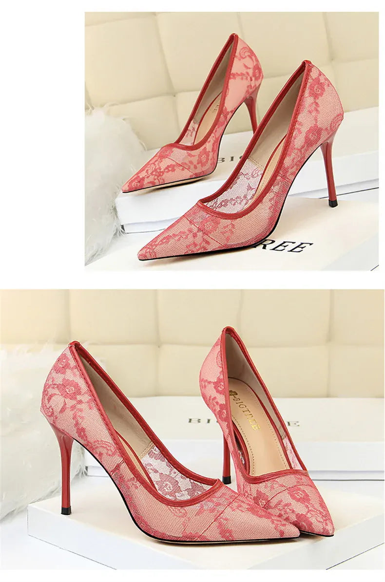 KissICON 2024 Black Flower Lace Mesh Pumps Women Pointed