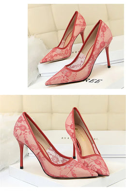 KissICON 2024 Black Flower Lace Mesh Pumps Women Pointed