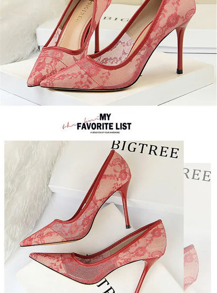 KissICON 2024 Black Flower Lace Mesh Pumps Women Pointed